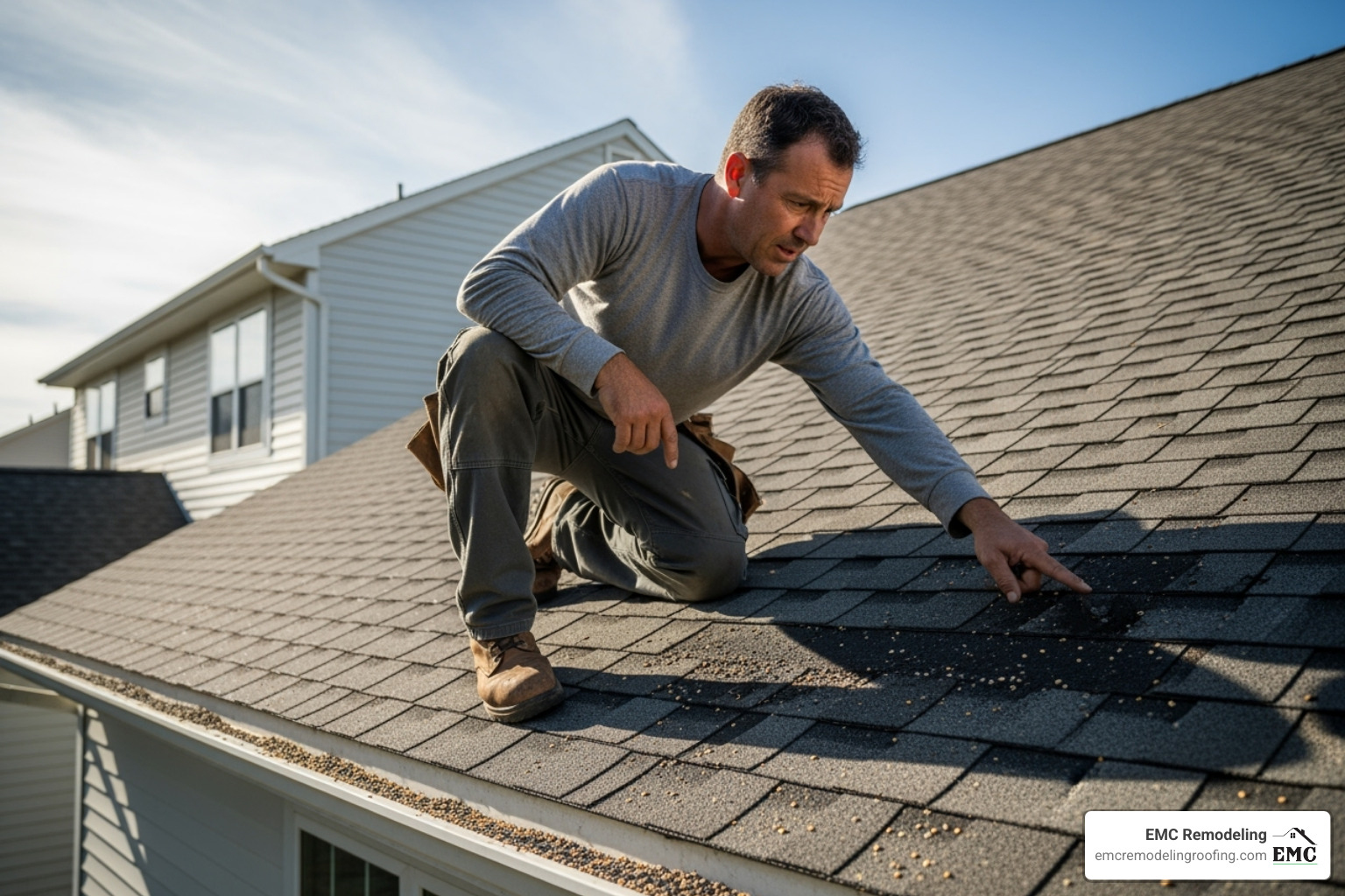 roofer pointing out granule loss on an asphalt shingle - hail repair roofing roofer pointing out granule loss on an asphalt shingle - hail repair roofing
