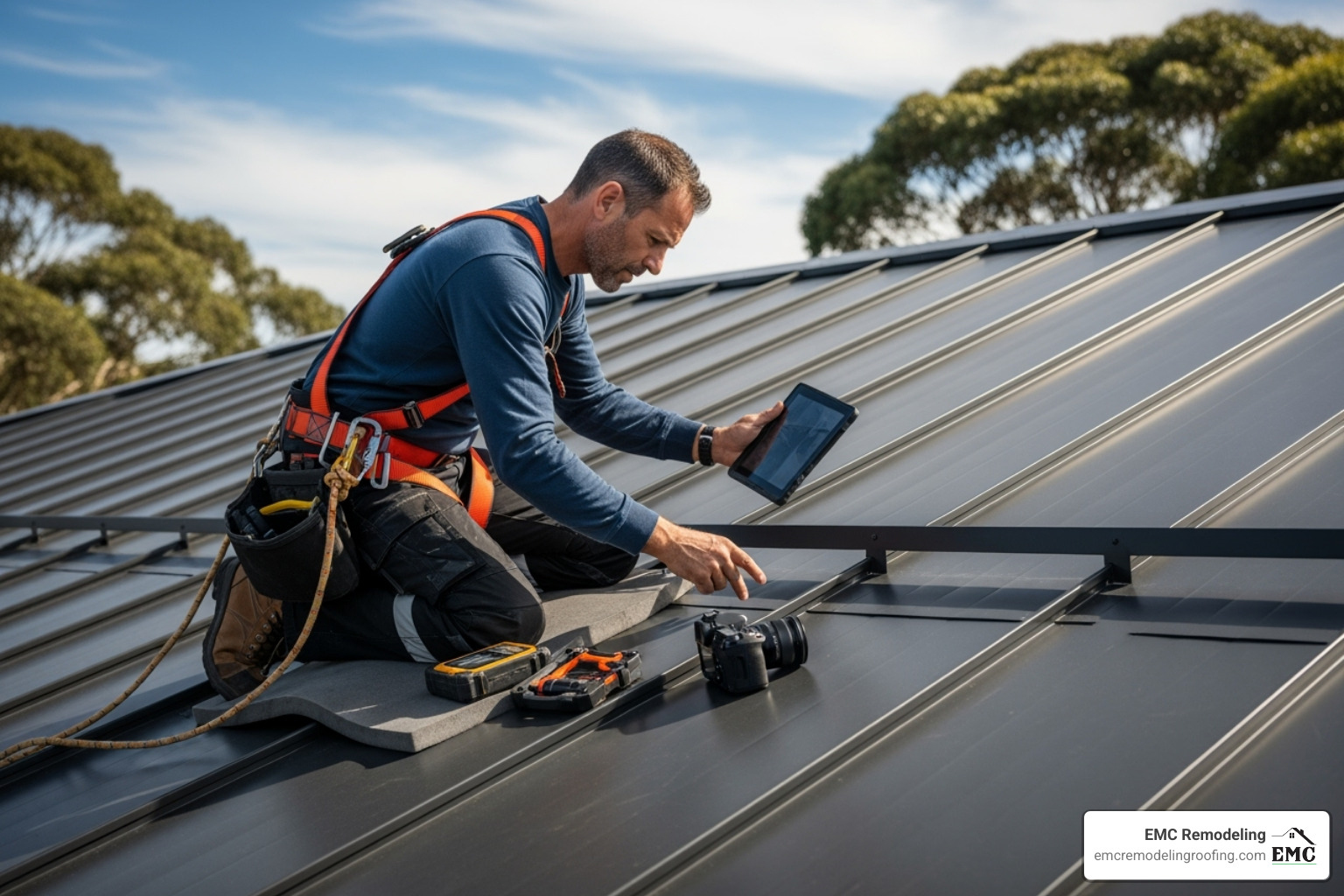 a roofer inspecting a metal roof - hail repair roofing a roofer inspecting a metal roof - hail repair roofing
