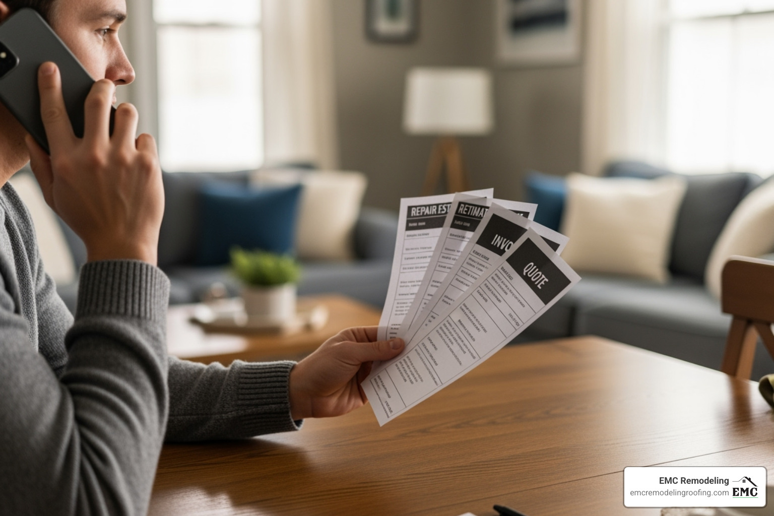 homeowner on the phone with their insurance company, holding repair estimates - hail repair roofing homeowner on the phone with their insurance company, holding repair estimates - hail repair roofing