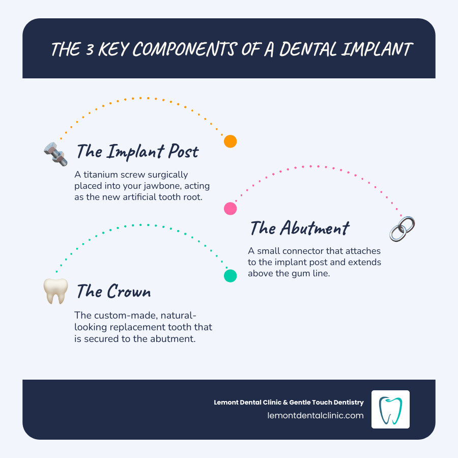Infographic showing the three main parts of a dental implant: the titanium post (implant body) that goes into the jawbone, the abutment which connects the post to the crown, and the custom-made crown (replacement tooth) visible above the gum line. - dental implants cost per tooth infographic infographic-line-3-steps-blues-accent_colors