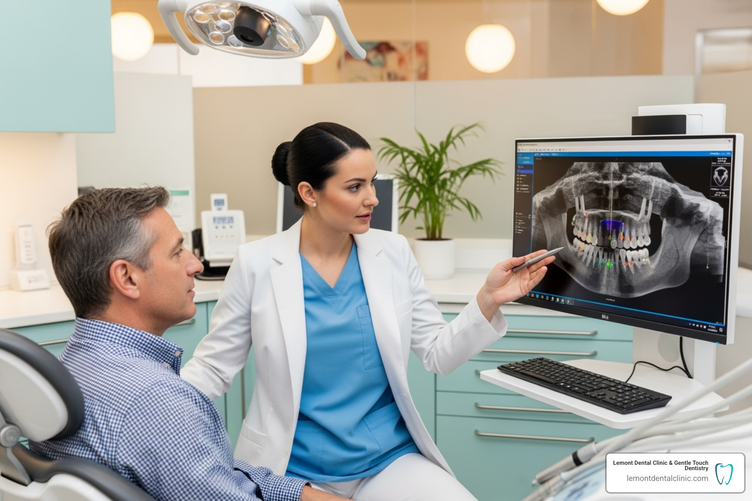 dentist explaining a 3D CBCT scan to a patient - dental implants cost per tooth