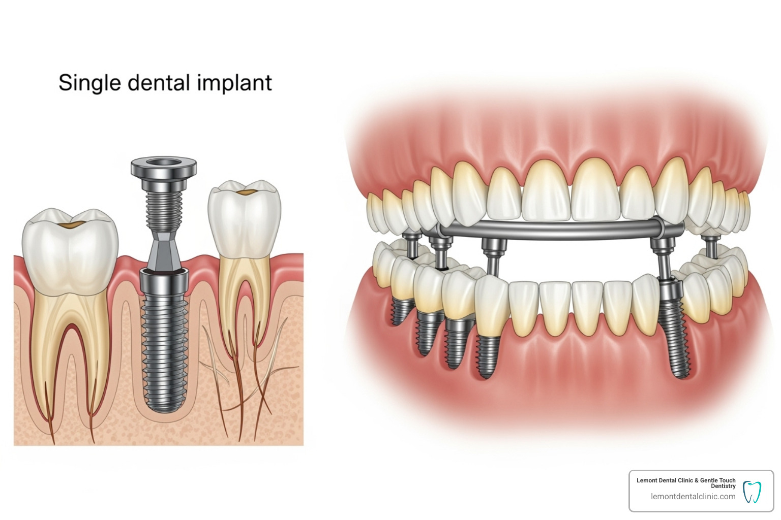illustration of the difference between a single implant and a full-arch solution - dental implants cost per tooth