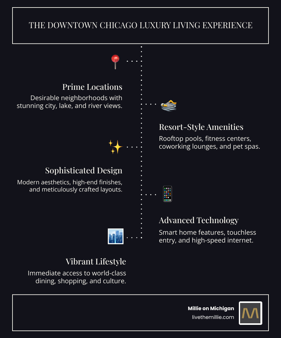 Infographic summarizing the key benefits and features of luxury apartment living in downtown Chicago, showing icons for prime locations, resort-style amenities, smart home technology, and vibrant city lifestyle - Luxury rentals downtown Chicago infographic infographic-line-5-steps-dark Infographic summarizing the key benefits and features of luxury apartment living in downtown Chicago, showing icons for prime locations, resort-style amenities, smart home technology, and vibrant city lifestyle - Luxury rentals downtown Chicago infographic infographic-line-5-steps-dark