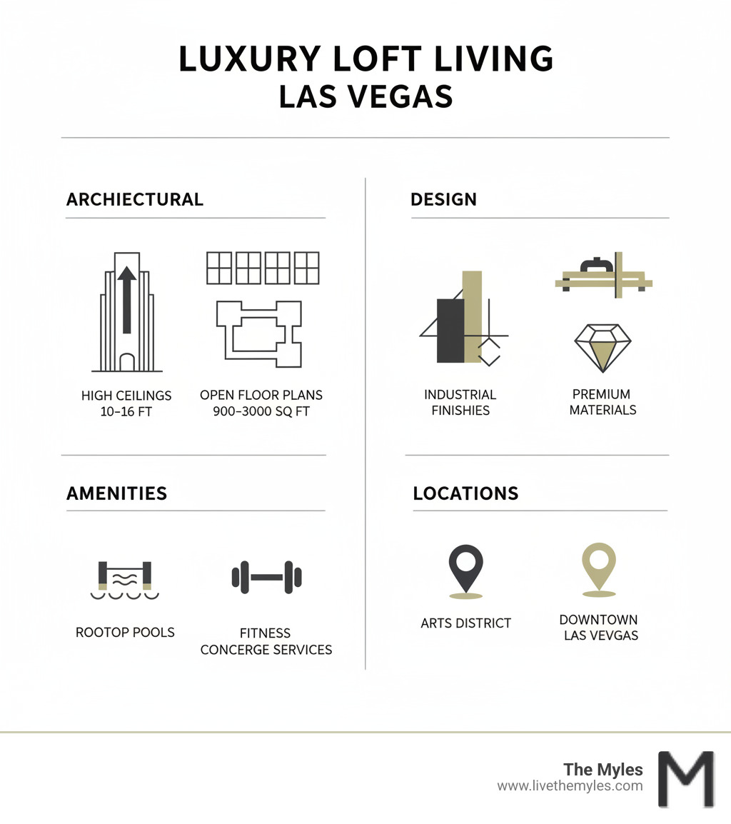 infographic showing luxury loft apartment features: architectural elements including high ceilings 10-16 feet, floor-to-ceiling windows, open floor plans 900-3000 sq ft; design elements including exposed ductwork, industrial finishes, premium materials; amenities including rooftop pools, fitness centers, concierge services; locations in Arts District and downtown Las Vegas - luxury loft apartments las vegas infographic 