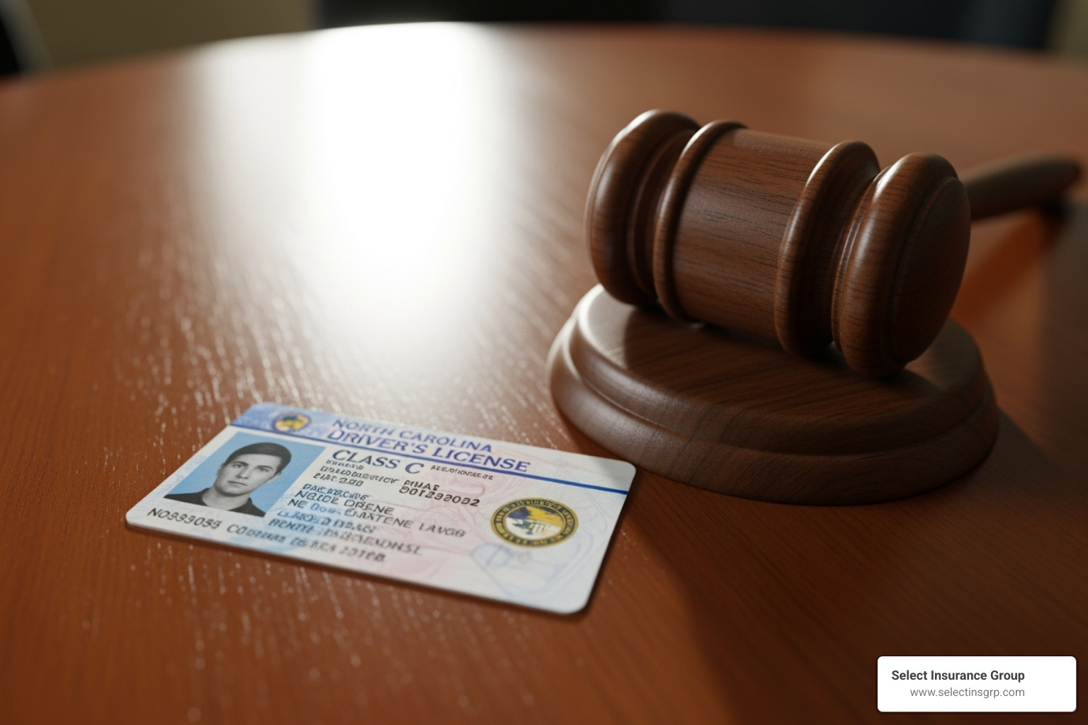 North Carolina driver's license with a gavel nearby - DUI auto insurance NC North Carolina driver's license with a gavel nearby - DUI auto insurance NC