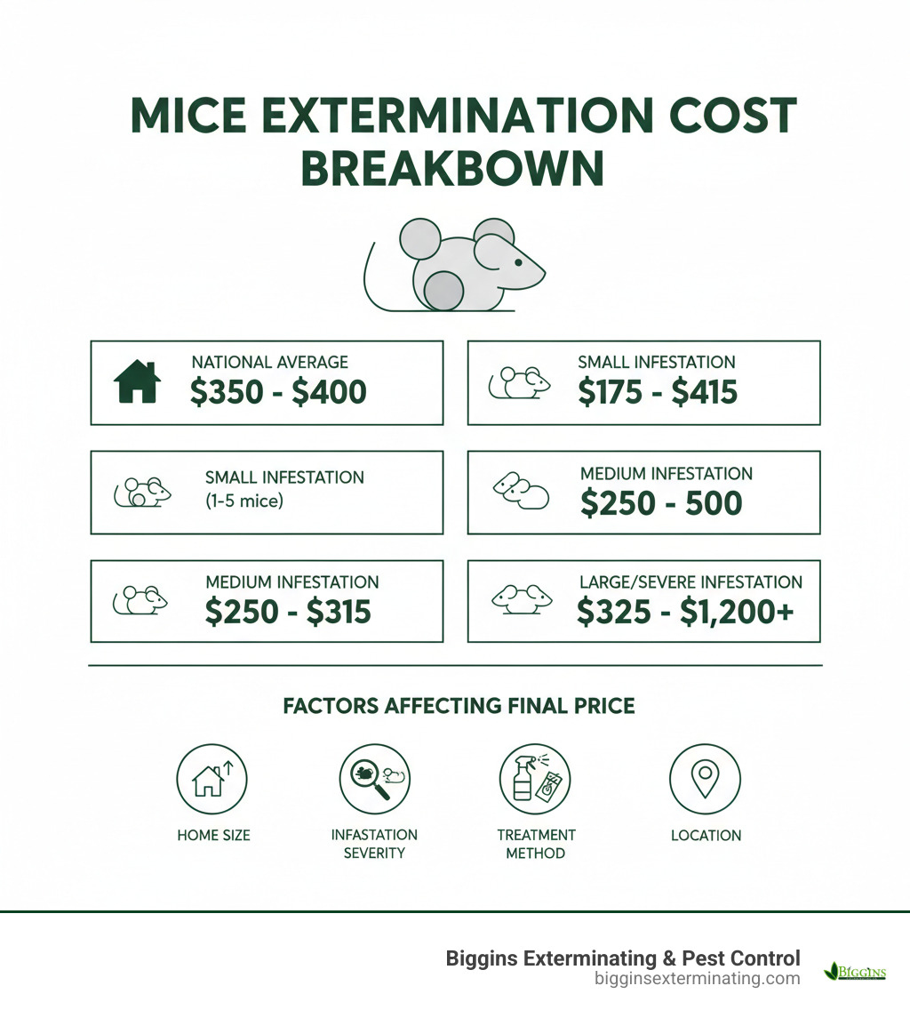 Infographic showing mice extermination cost breakdown: National average $350-$400, Small infestation $175-$415, Medium infestation $250-$500, Large/severe infestation $325-$1,200+, with factors including home size, infestation severity, treatment method, and location affecting final price - how much do pest control services charge for mice infographic 