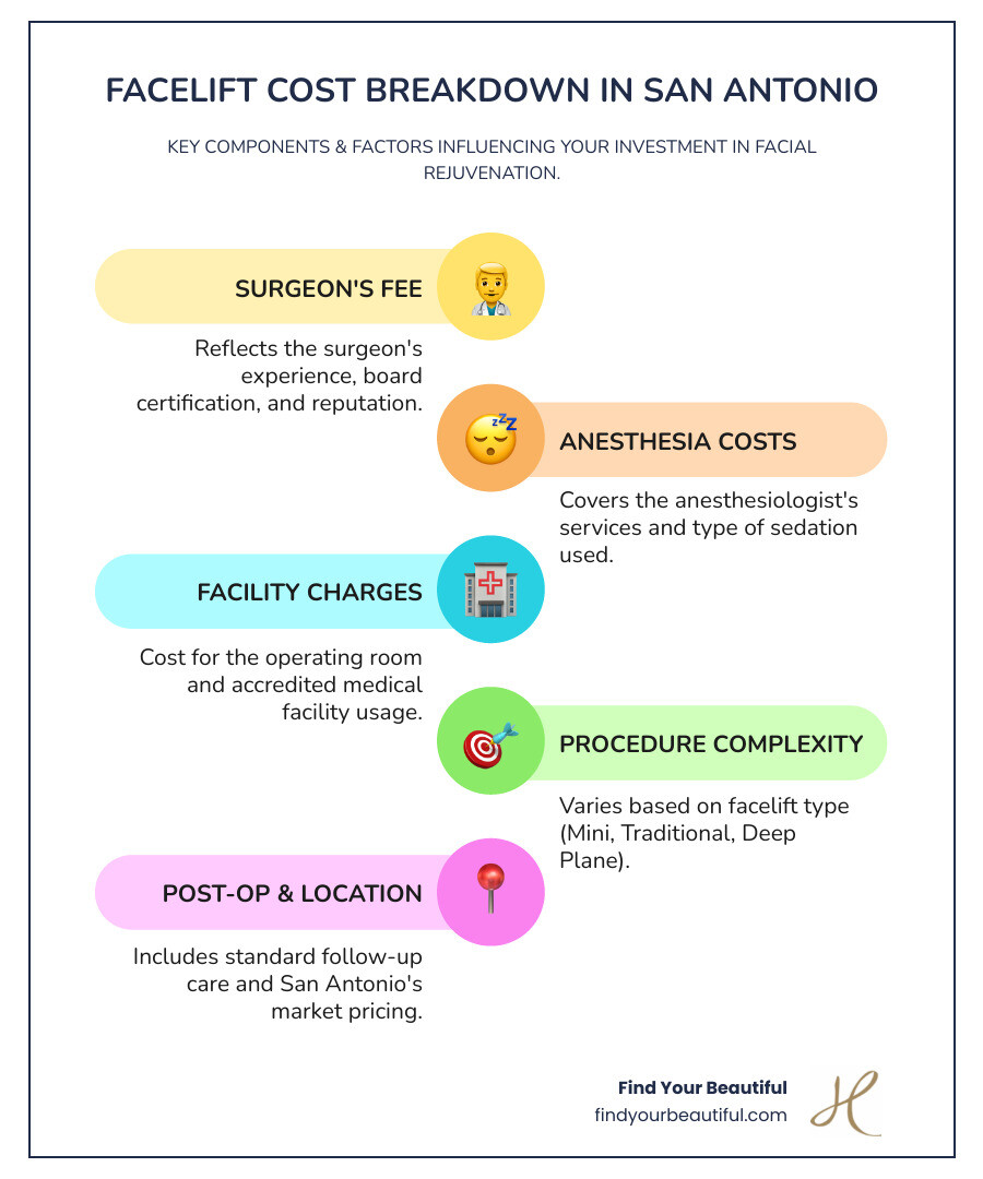 infographic showing the breakdown of facelift costs in San Antonio including surgeon fees, anesthesia costs, facility fees, post-operative care, and factors that increase or decrease total price such as surgeon experience, procedure complexity, and geographic location - facelift cost san antonio infographic infographic-line-5-steps-colors infographic showing the breakdown of facelift costs in San Antonio including surgeon fees, anesthesia costs, facility fees, post-operative care, and factors that increase or decrease total price such as surgeon experience, procedure complexity, and geographic location - facelift cost san antonio infographic infographic-line-5-steps-colors