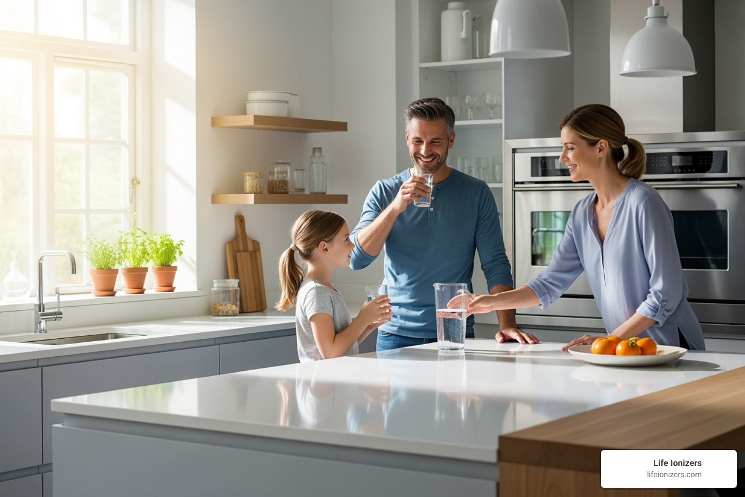 family drinking water in modern kitchen - Hydrogenated Water