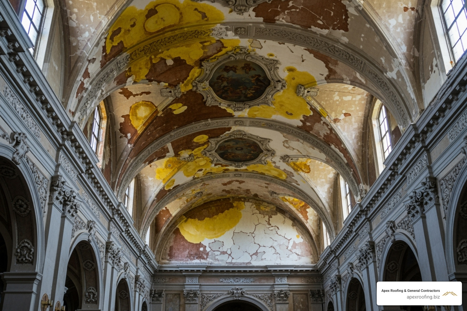 Interior water damage on a church ceiling and walls, originating from a roof leak. - church roof repairs Interior water damage on a church ceiling and walls, originating from a roof leak. - church roof repairs