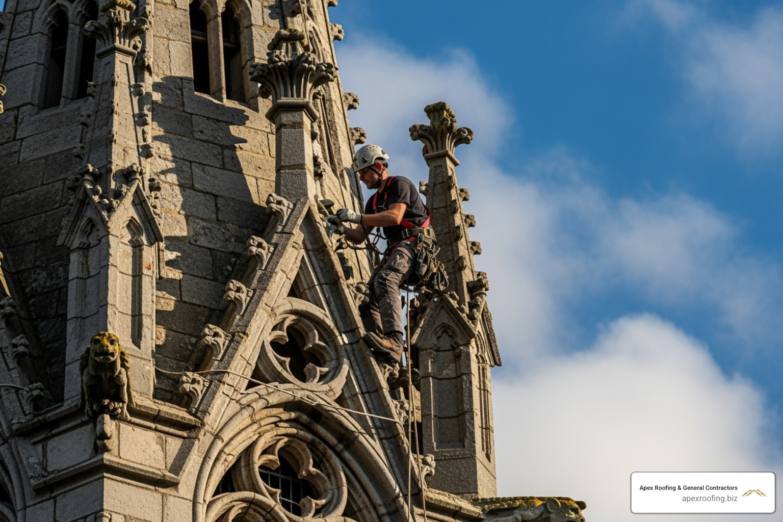 A roofer safely working on a complex church steeple, highlighting the height and specialized nature of the work. - church roof repairs A roofer safely working on a complex church steeple, highlighting the height and specialized nature of the work. - church roof repairs
