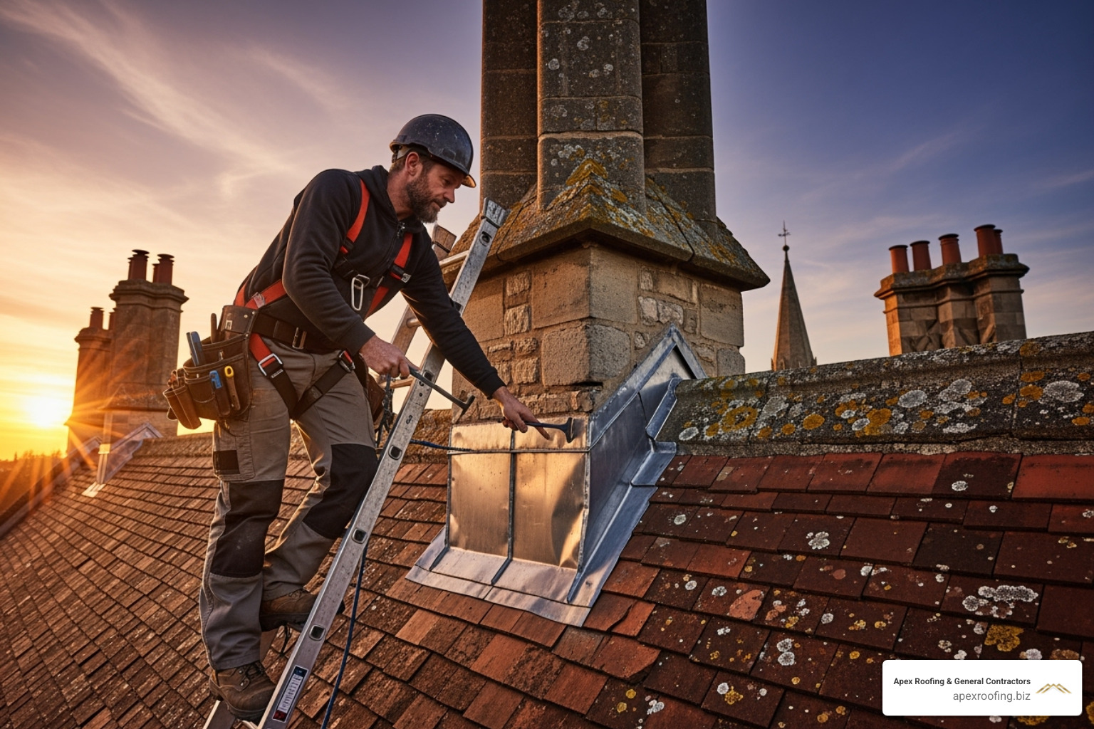 A detailed image of a roofing contractor inspecting the flashing around a chimney on a church roof. - church roof repairs A detailed image of a roofing contractor inspecting the flashing around a chimney on a church roof. - church roof repairs