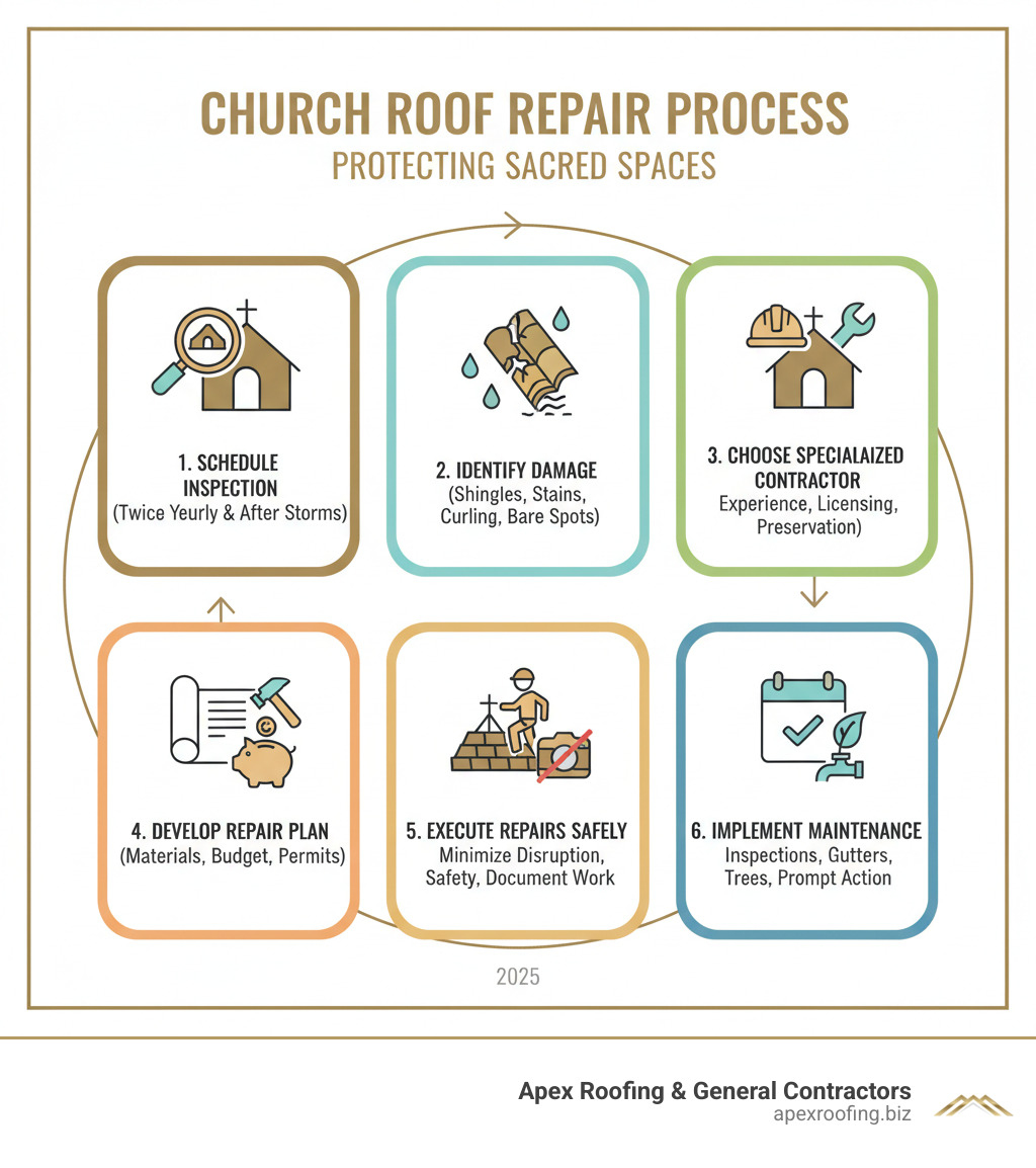 Infographic showing the church roof repair process: 1) Schedule professional inspection (twice yearly and after storms), 2) Identify damage signs (missing shingles, water stains, curling tiles, bare spots), 3) Choose specialized contractor (verify experience with churches, licensing, insurance, historical preservation knowledge), 4) Develop repair plan (assess materials, create budget, obtain necessary permits), 5) Execute repairs safely (minimize service disruption, follow safety protocols, document all work), 6) Implement maintenance schedule (regular inspections, clean gutters, trim trees, address issues promptly) - church roof repairs infographic Infographic showing the church roof repair process: 1) Schedule professional inspection (twice yearly and after storms), 2) Identify damage signs (missing shingles, water stains, curling tiles, bare spots), 3) Choose specialized contractor (verify experience with churches, licensing, insurance, historical preservation knowledge), 4) Develop repair plan (assess materials, create budget, obtain necessary permits), 5) Execute repairs safely (minimize service disruption, follow safety protocols, document all work), 6) Implement maintenance schedule (regular inspections, clean gutters, trim trees, address issues promptly) - church roof repairs infographic