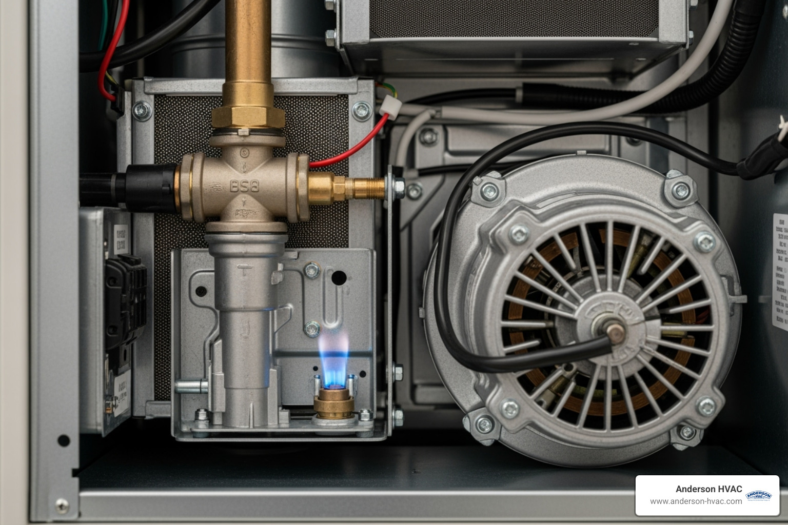 internal components of a furnace, highlighting the pilot light and blower motor - heating not working in pleasant view, ut