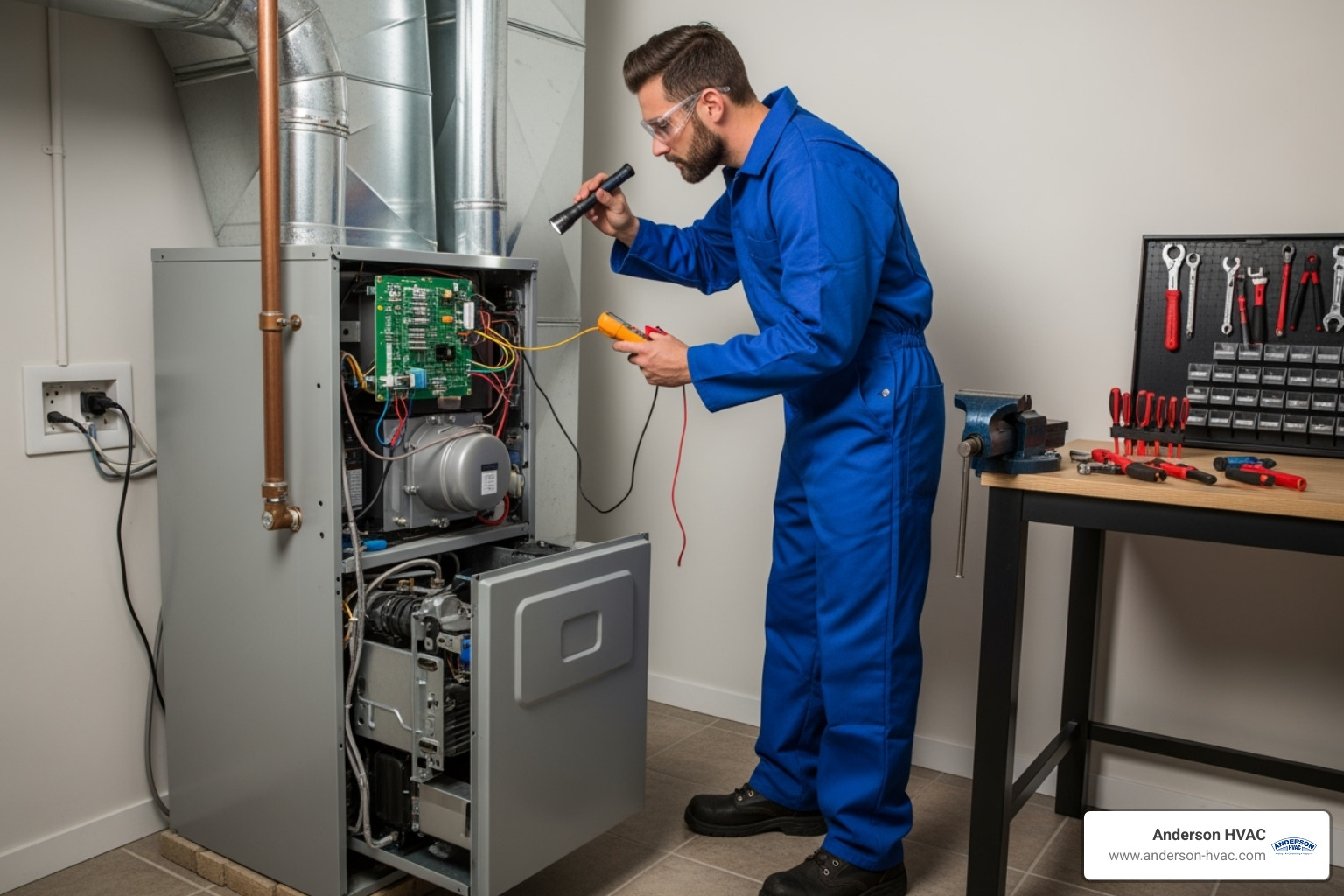 professional HVAC technician safely working on a furnace - heating not working in pleasant view, ut