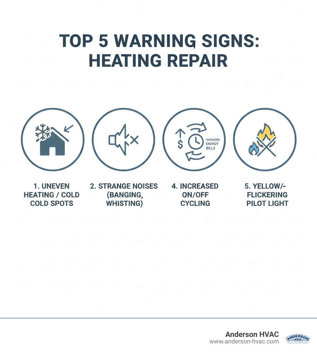 Infographic showing the top 5 warning signs your heating system needs repair: uneven heating or cold spots in your home, strange noises like banging or whistling from your furnace, unexplained increases in your monthly energy bills, frequent on-off cycling of your heating system, and yellow or flickering pilot light instead of steady blue flame - residential heating repair in north ogden, ut infographic 