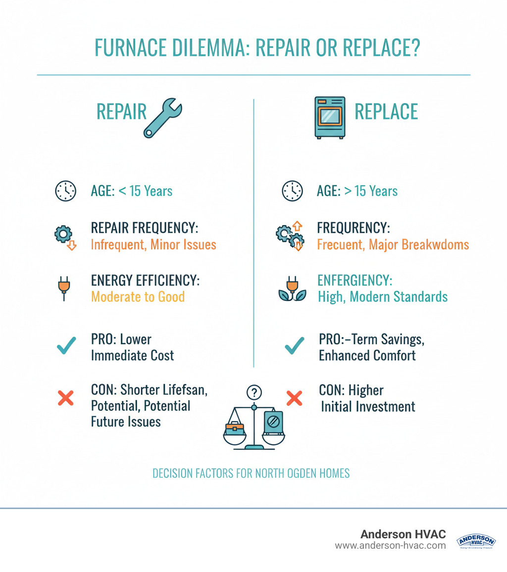 Infographic comparing the pros and cons of repairing versus replacing a furnace based on age, repair frequency, and energy efficiency - residential heating repair in north ogden, ut infographic 