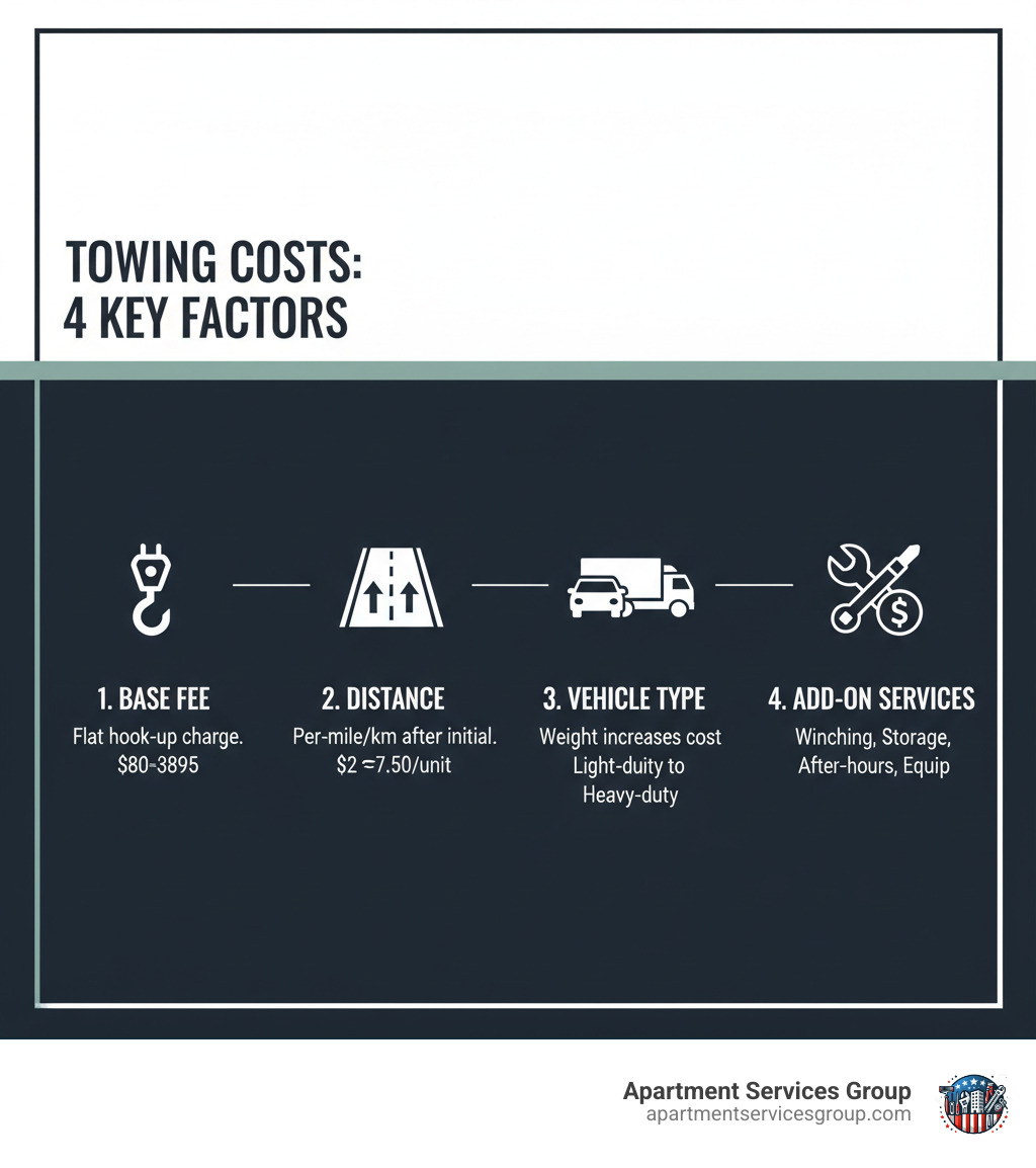 Infographic showing the 4 main factors affecting towing costs: 1) Base Fee - the flat charge to hook up your vehicle, typically $80-$895 depending on location and vehicle weight, 2) Distance - per-mile or per-kilometer charges after the initial included distance, usually $2-$7.50 per unit, 3) Vehicle Type - charges increase with vehicle weight, from light-duty cars to heavy-duty trucks based on GVWR, 4) Additional Services - extra fees for winching, storage, after-hours service, specialized equipment, and recovery operations - towing company charges infographic Infographic showing the 4 main factors affecting towing costs: 1) Base Fee - the flat charge to hook up your vehicle, typically $80-$895 depending on location and vehicle weight, 2) Distance - per-mile or per-kilometer charges after the initial included distance, usually $2-$7.50 per unit, 3) Vehicle Type - charges increase with vehicle weight, from light-duty cars to heavy-duty trucks based on GVWR, 4) Additional Services - extra fees for winching, storage, after-hours service, specialized equipment, and recovery operations - towing company charges infographic