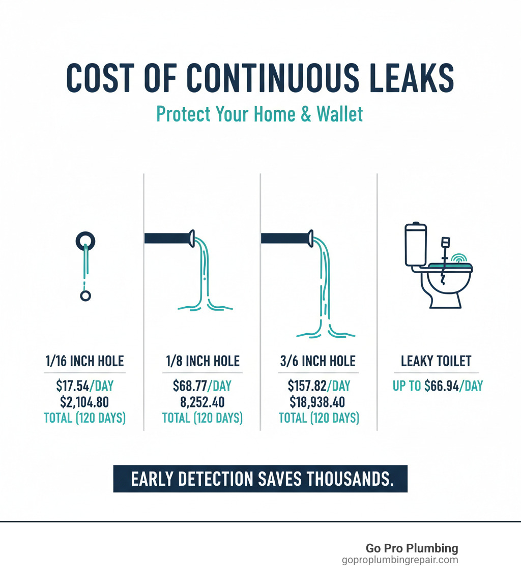 Infographic showing the daily and 120-day water waste costs for continuous leaks from holes sized 1/16 inch ($17.54/day, $2,104.80 total), 1/8 inch ($68.77/day, $8,252.40 total), and 3/16 inch ($157.82/day, $18,938.40 total), plus a leaky toilet wasting up to $66.94/day - water main break detection infographic 
