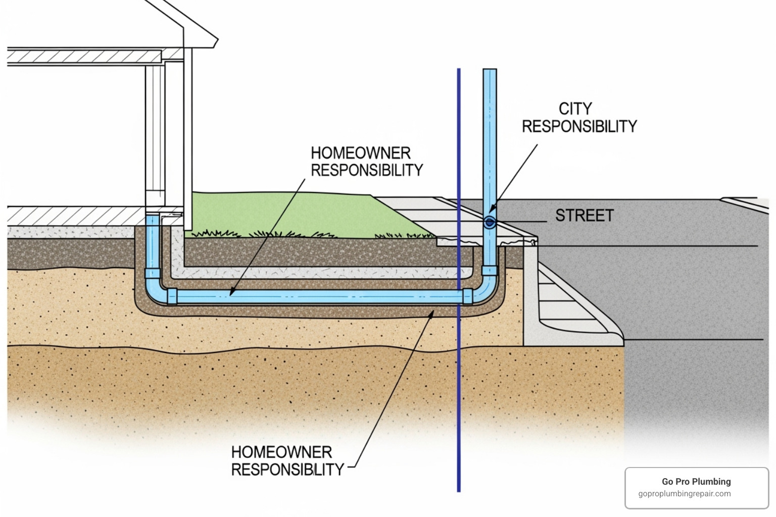 Diagram illustrating the division of responsibility for water lines between a homeowner and the city - water main break detection