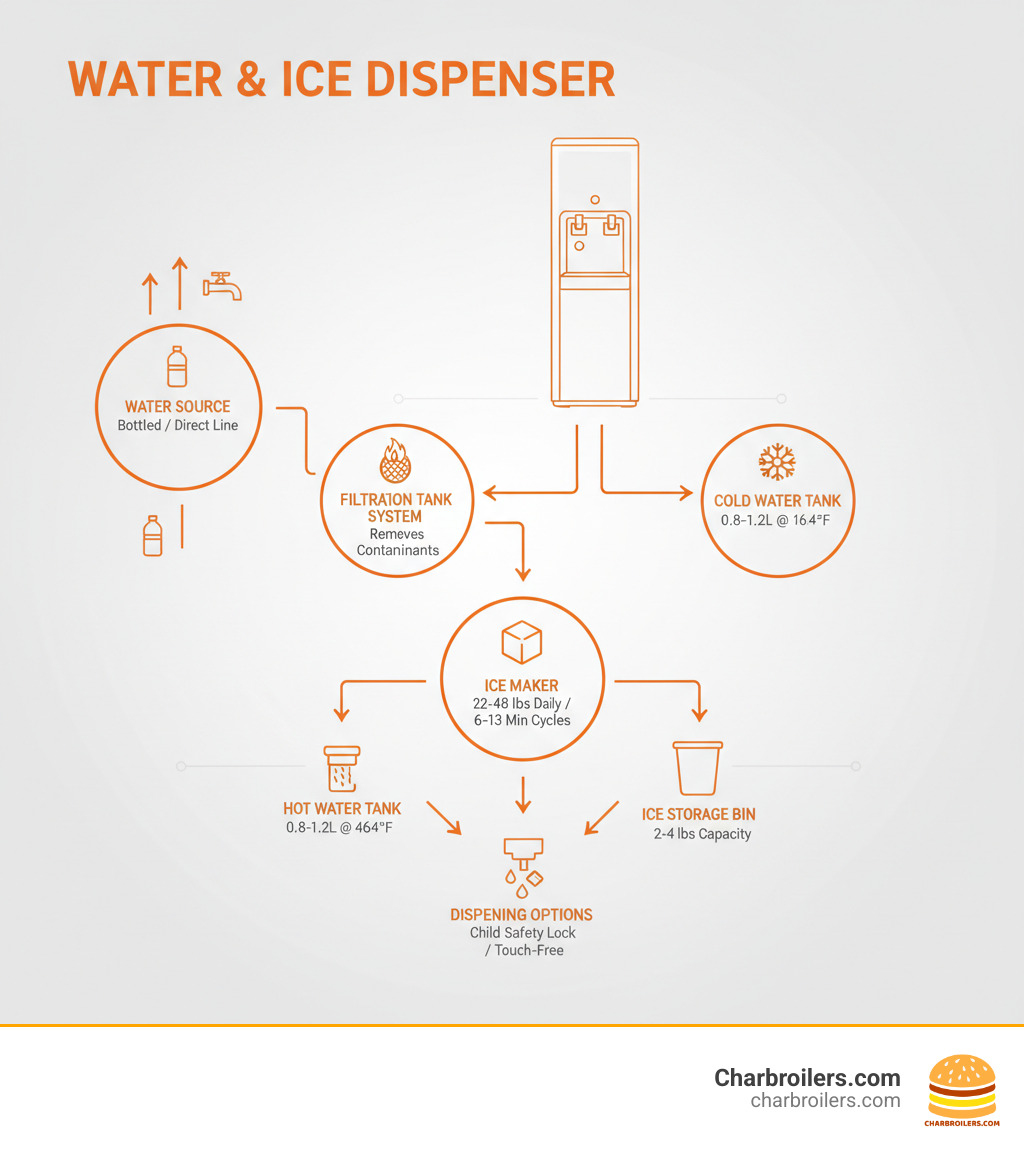 Infographic showing the components and function of a water and ice dispenser: water source connection (bottled or direct line), filtration system removing contaminants, hot water tank (0.8-1.2L capacity at 194°F), cold water tank (2.5L capacity at 46.4°F), ice maker producing 22-48 lbs daily in 6-13 minute cycles, ice storage bin holding 2-4 lbs, and dispensing options with child safety locks and touch-free features - water and ice dispenser infographic Infographic showing the components and function of a water and ice dispenser: water source connection (bottled or direct line), filtration system removing contaminants, hot water tank (0.8-1.2L capacity at 194°F), cold water tank (2.5L capacity at 46.4°F), ice maker producing 22-48 lbs daily in 6-13 minute cycles, ice storage bin holding 2-4 lbs, and dispensing options with child safety locks and touch-free features - water and ice dispenser infographic