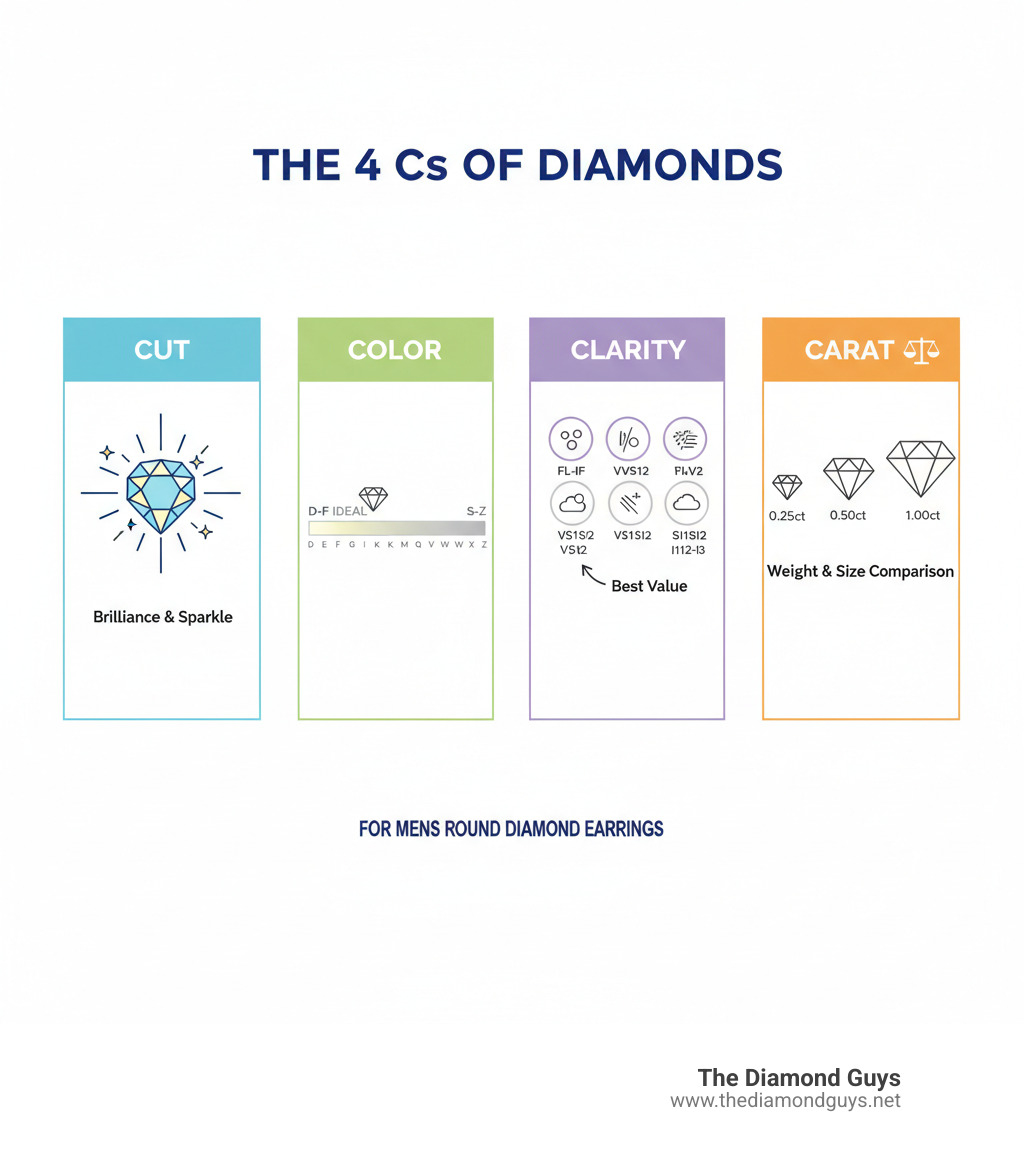 infographic showing the 4 Cs of diamonds: Cut (brilliance and sparkle), Color (D-Z scale with ideal range), Clarity (FL to I3 grades), and Carat (weight and size comparison for 0.25ct, 0.50ct, and 1.00ct round diamonds) - mens round diamond earrings infographic 