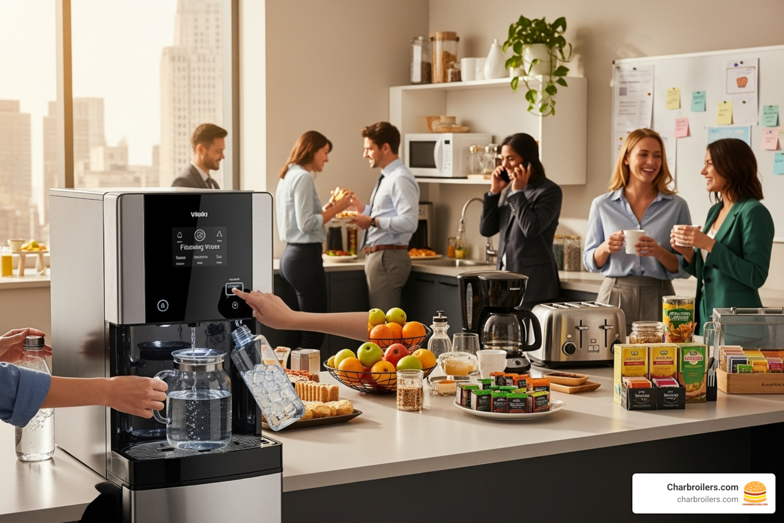 A water and ice dispenser in a busy office breakroom - water and ice dispenser A water and ice dispenser in a busy office breakroom - water and ice dispenser
