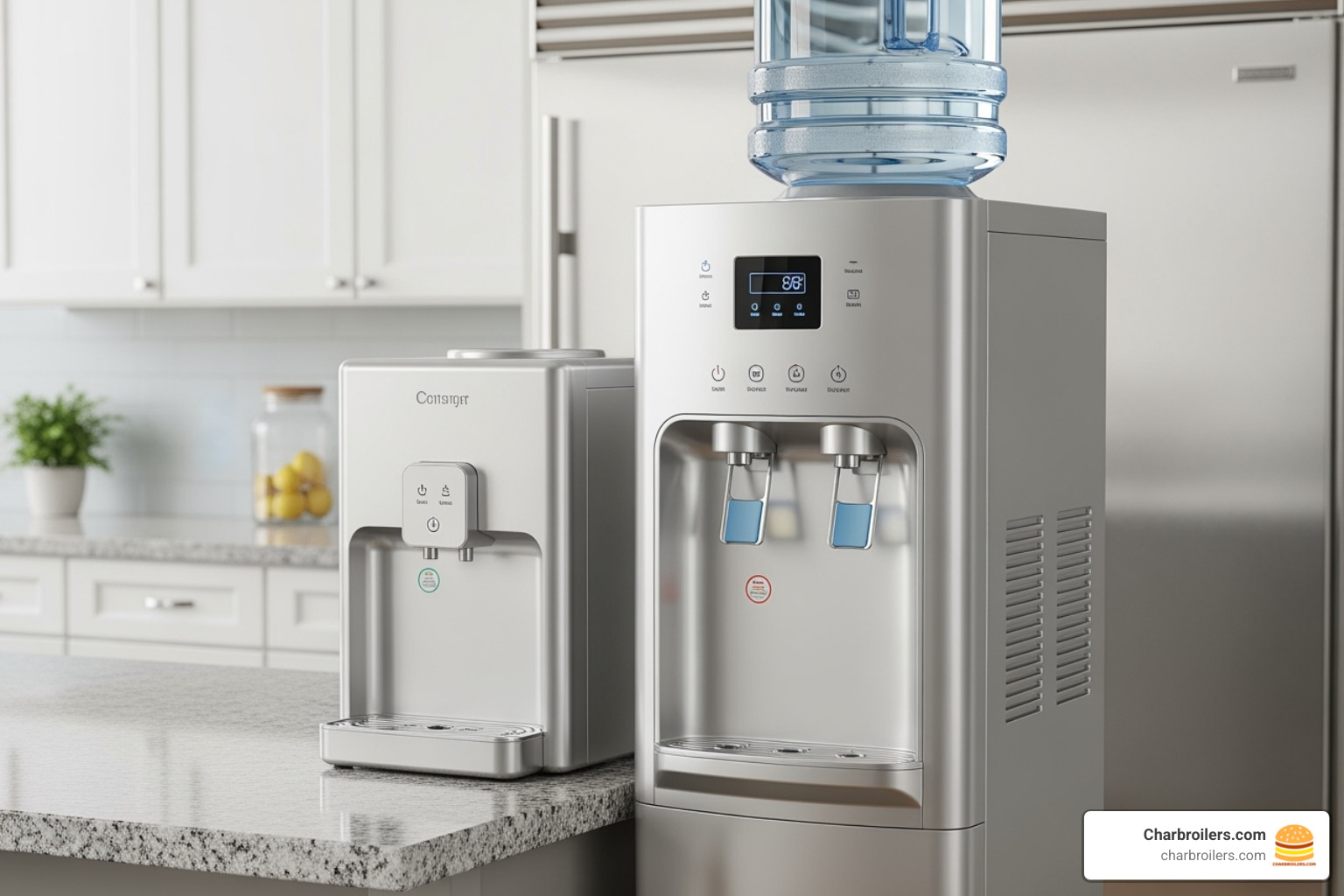 A countertop dispenser next to a freestanding dispenser for size comparison - water and ice dispenser A countertop dispenser next to a freestanding dispenser for size comparison - water and ice dispenser