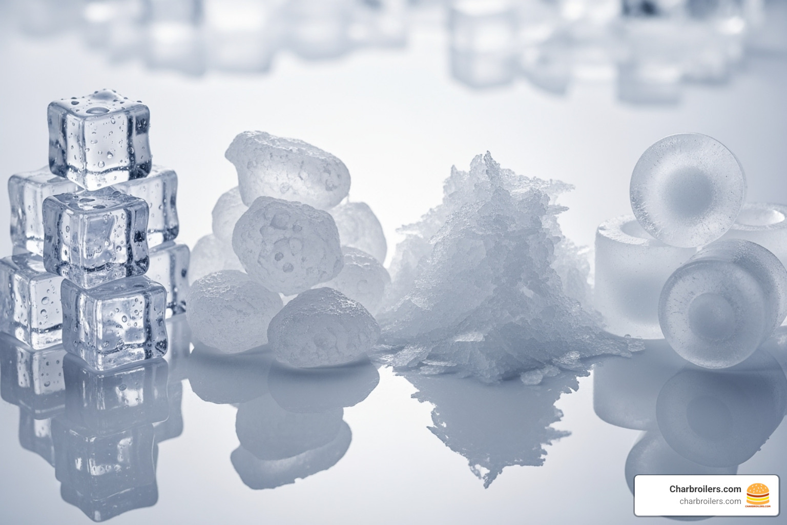 Different types of ice side-by-side: cube, nugget, flake, bullet - water and ice dispenser Different types of ice side-by-side: cube, nugget, flake, bullet - water and ice dispenser