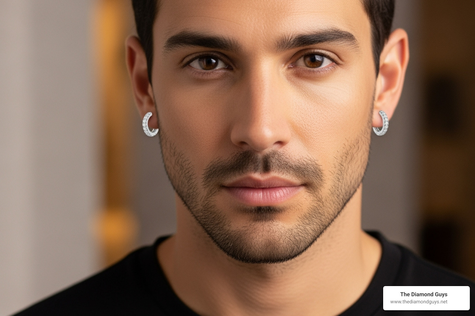 man wearing diamond huggie earrings - mens round diamond earrings