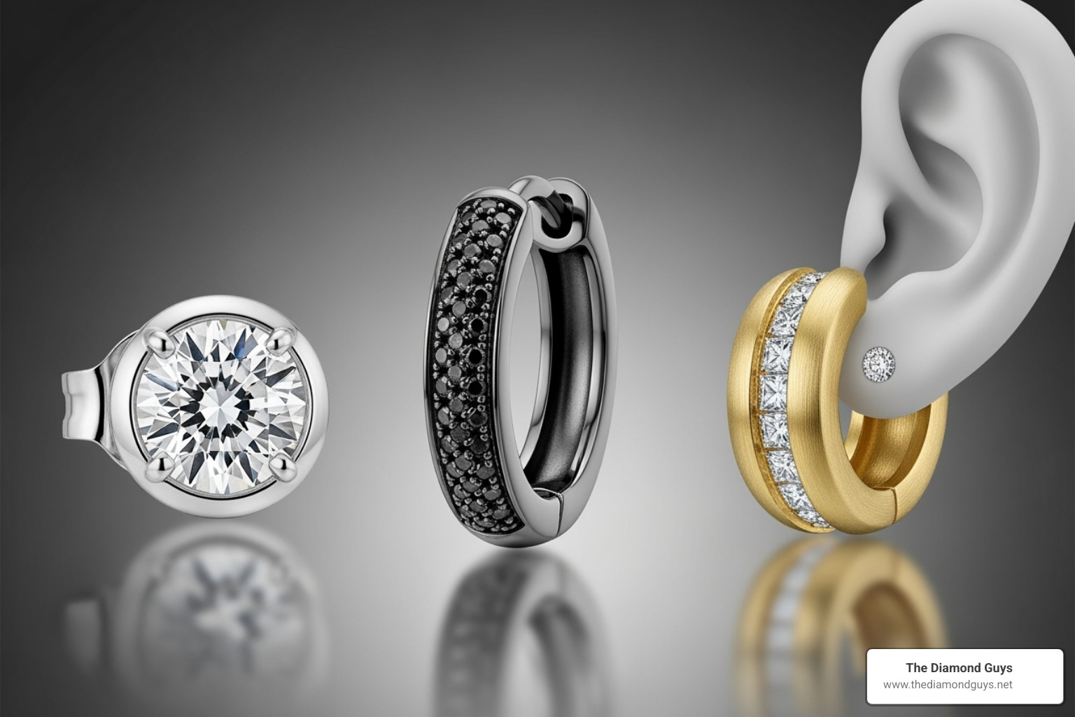 different styles of men's diamond earrings (stud, hoop, huggie) - mens round diamond earrings