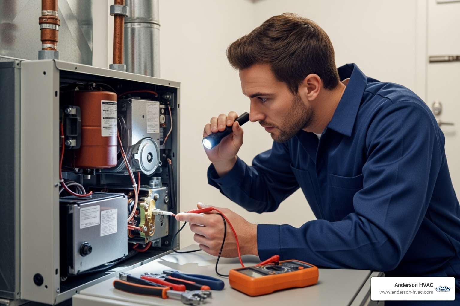 technician inspecting a furnace component - heating maintenance service in north ogden, ut technician inspecting a furnace component - heating maintenance service in north ogden, ut