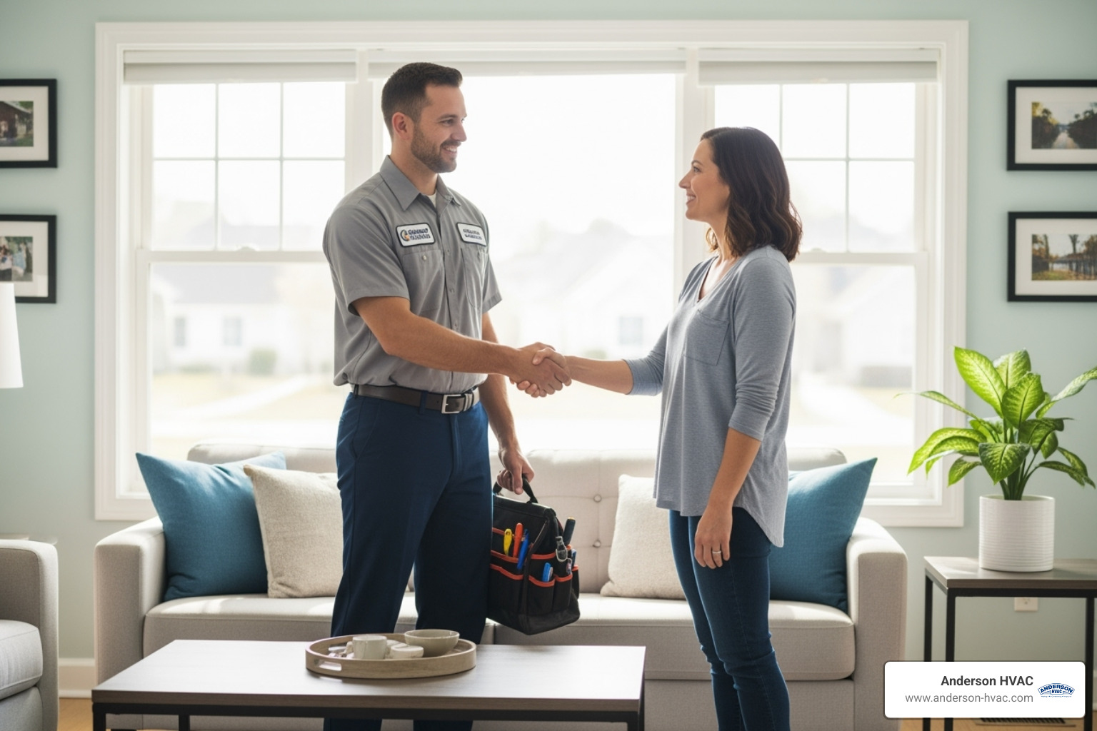 A friendly HVAC technician with a tool bag shaking a satisfied homeowner's hand in a bright, clean living room - heating installation in north ogden, ut