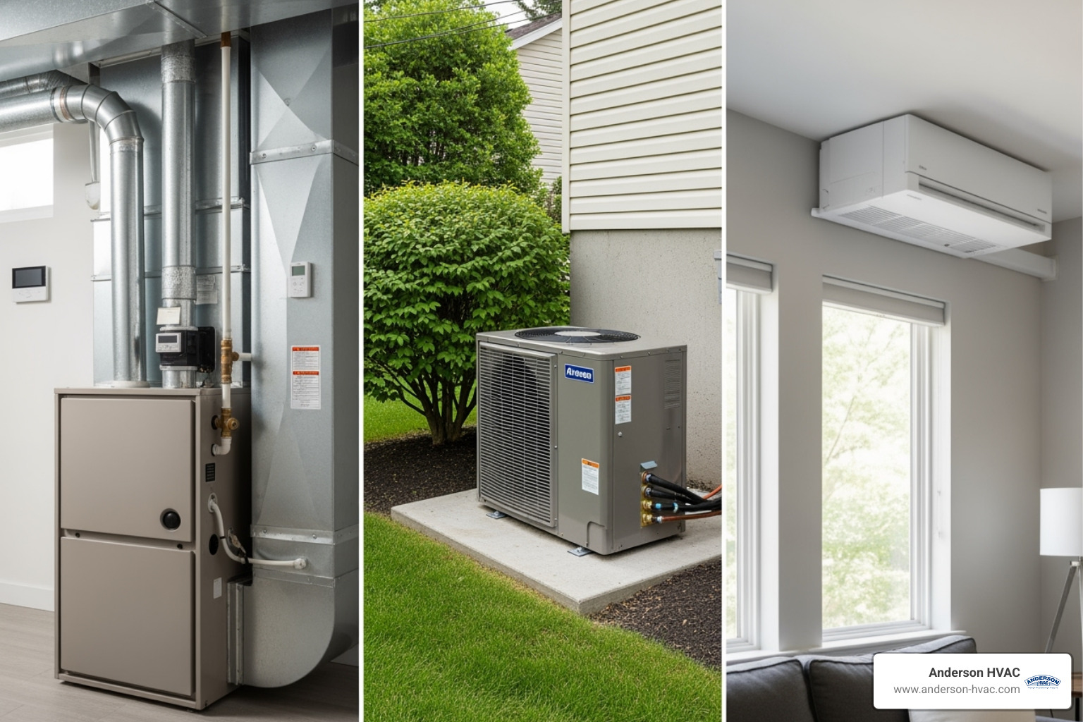 Different types of heating systems including a gas furnace, an outdoor heat pump unit, and an indoor ductless mini-split unit - heating installation in north ogden, ut