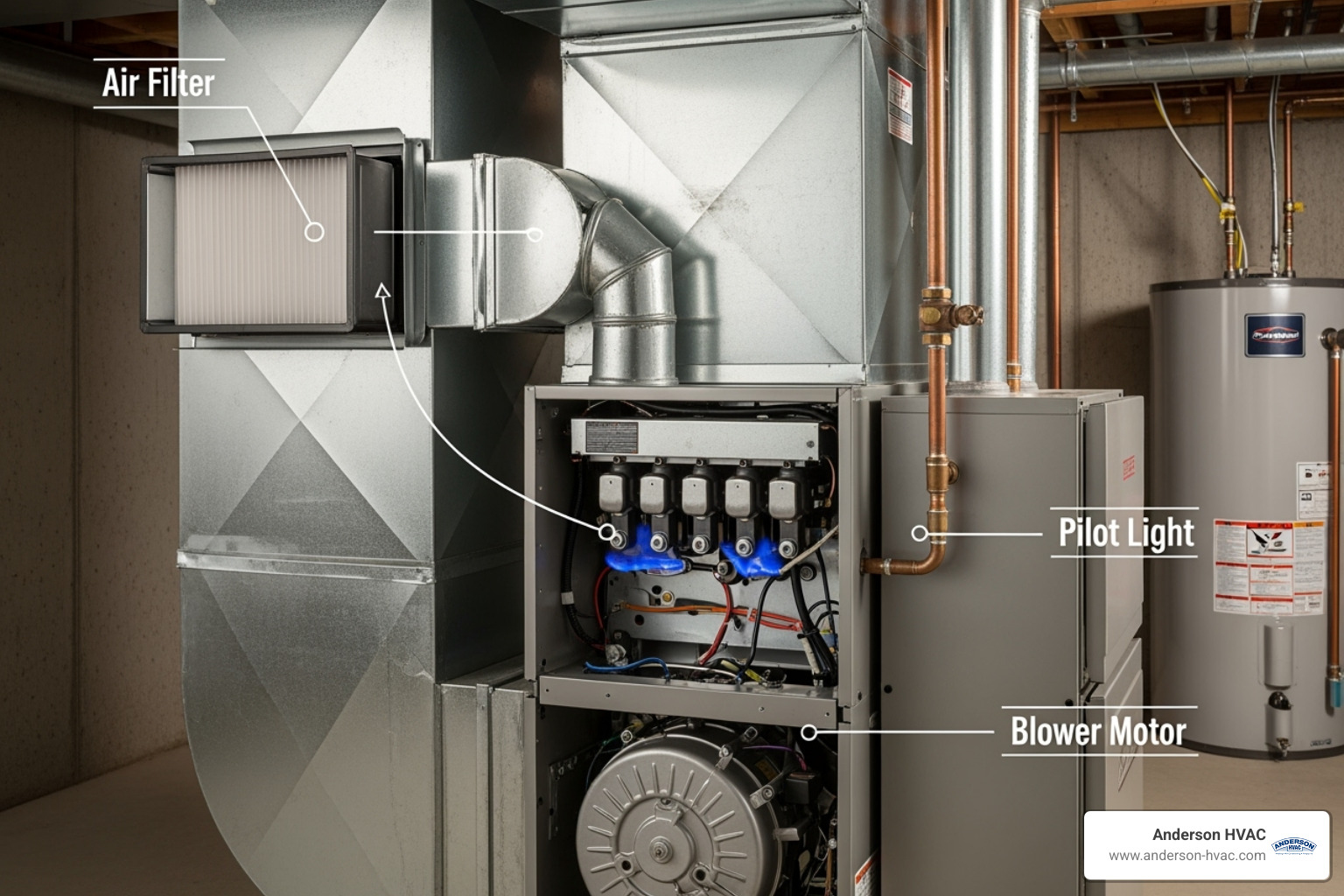 Furnace unit with labels pointing to the filter, pilot light, and blower motor - heating repair service in north ogden, ut Furnace unit with labels pointing to the filter, pilot light, and blower motor - heating repair service in north ogden, ut