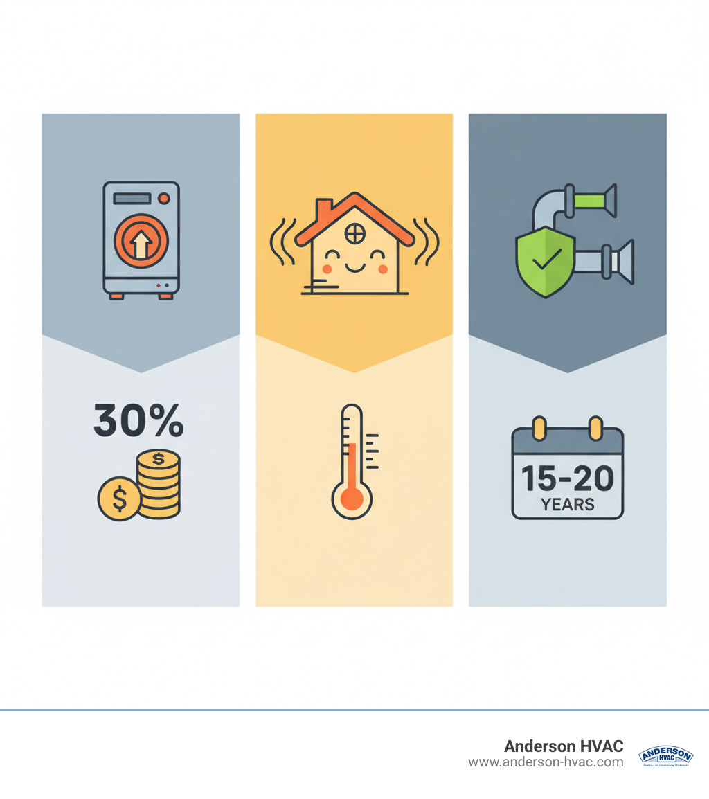 Infographic showing three main benefits of professional heating installation: 1) Energy Efficiency - Modern high-efficiency furnaces can reduce heating costs by up to 30% compared to older units, 2) Home Comfort - Properly sized and installed systems eliminate cold spots and provide consistent warmth throughout your home, 3) Safety & Longevity - Professional installation ensures proper venting, gas connections, and code compliance, helping your system last 15-20 years - heating installation in north ogden, ut infographic