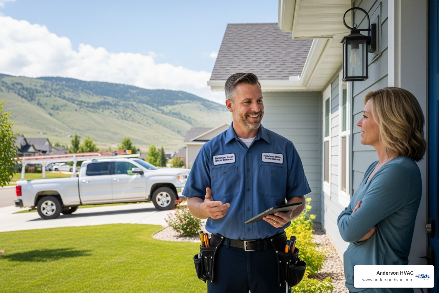 Professional, friendly technician speaking with a homeowner at their door - heating repair service in north ogden, ut Professional, friendly technician speaking with a homeowner at their door - heating repair service in north ogden, ut