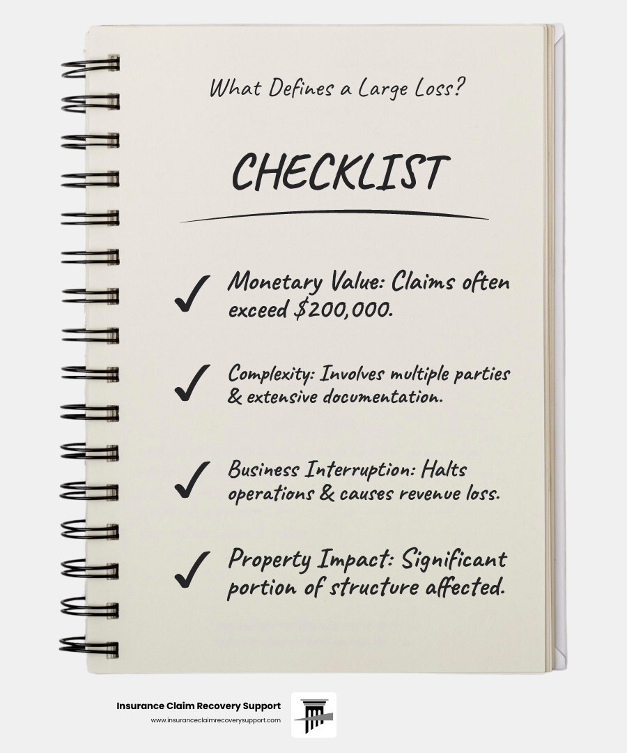 infographic showing the four key factors that define a large loss claim: 1) Monetary Value showing dollar threshold of $200,000+, 2) Complexity Factor showing multiple adjusters and experts involved, 3) Business Interruption showing halted operations and revenue loss, 4) Property Impact showing percentage of structure affected with repair versus replacement decision tree - Large loss insurance infographic checklist-notebook