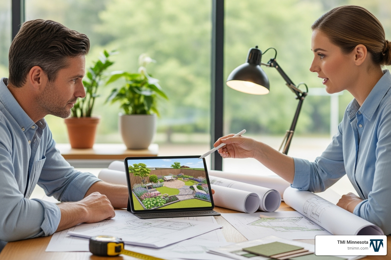 homeowner reviewing a 3D landscape design with a designer - landscaping Twin Cities homeowner reviewing a 3D landscape design with a designer - landscaping Twin Cities