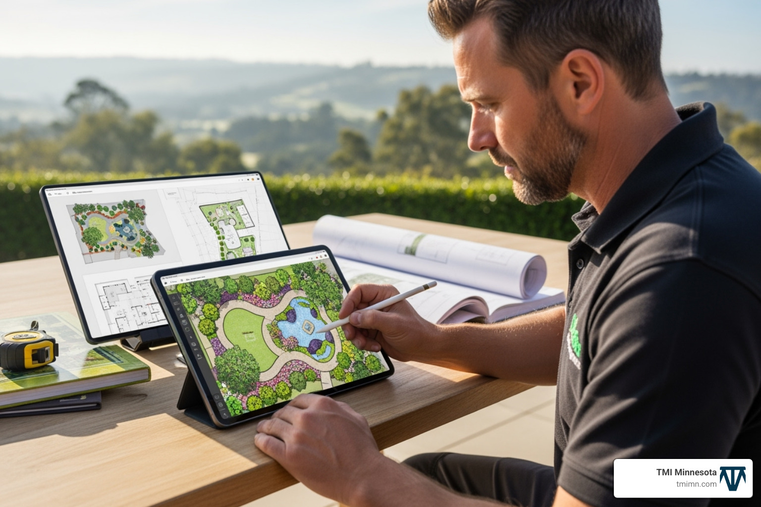 professional landscaper sketching a design plan on a tablet - landscaping Twin Cities professional landscaper sketching a design plan on a tablet - landscaping Twin Cities