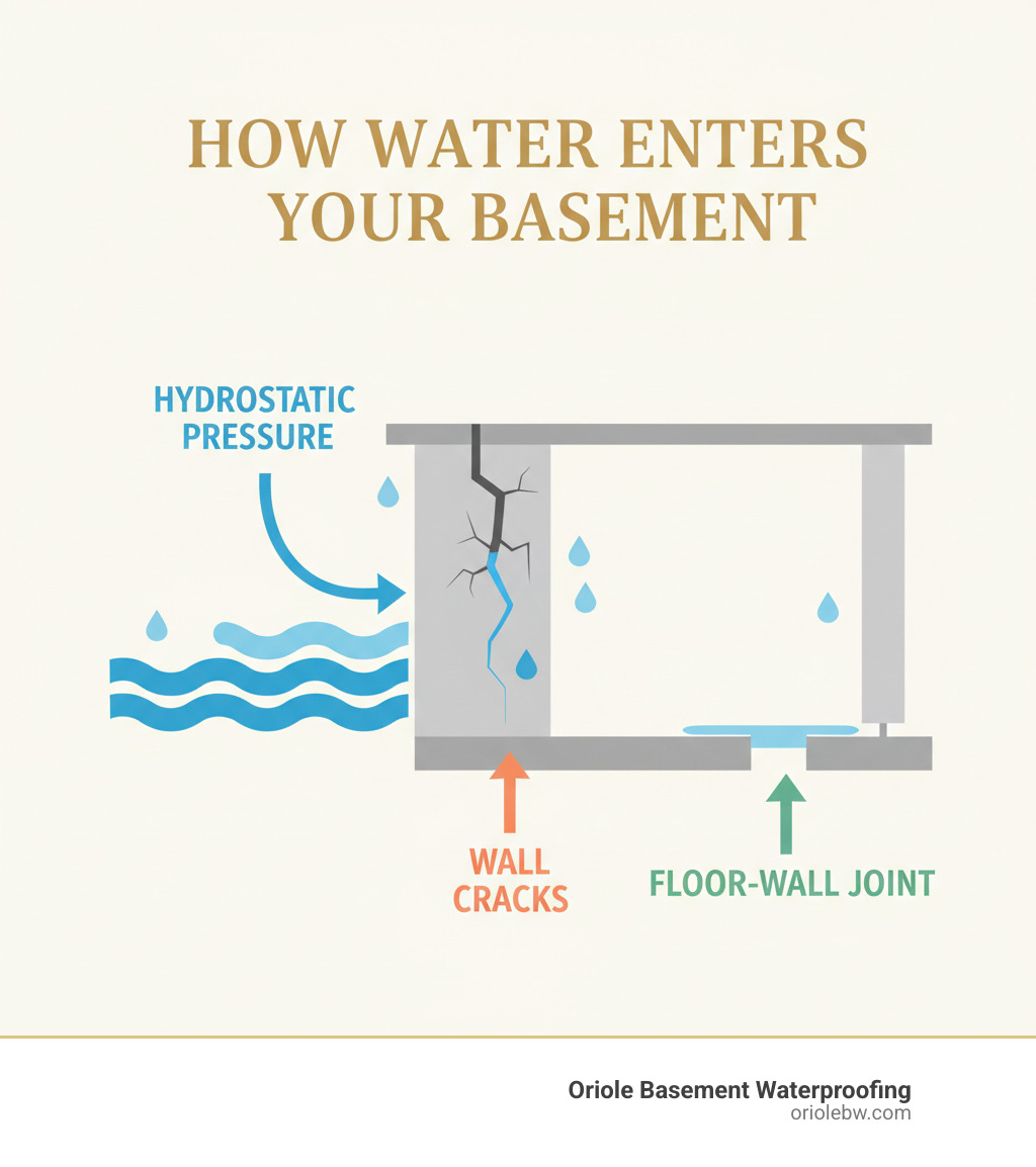 infographic showing how water sneaks into basements—hydrostatic pressure, wall cracks, and the floor-wall joint - basement drainage system near me infographic 