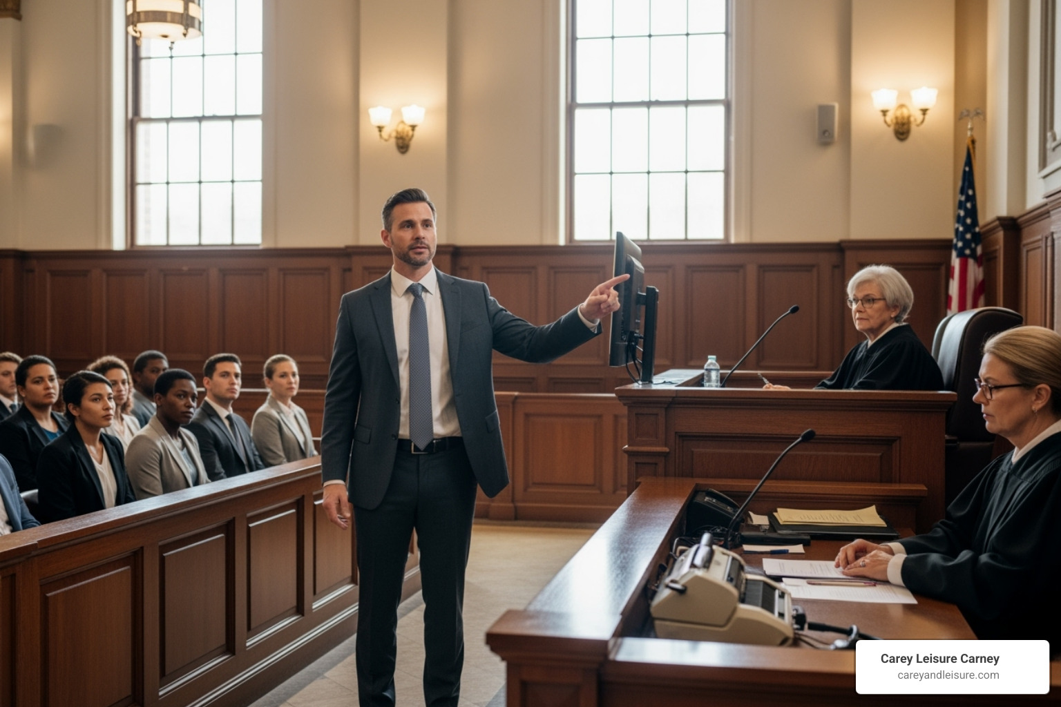 a courtroom scene with a lawyer presenting a case - what does a truck accident lawyer do