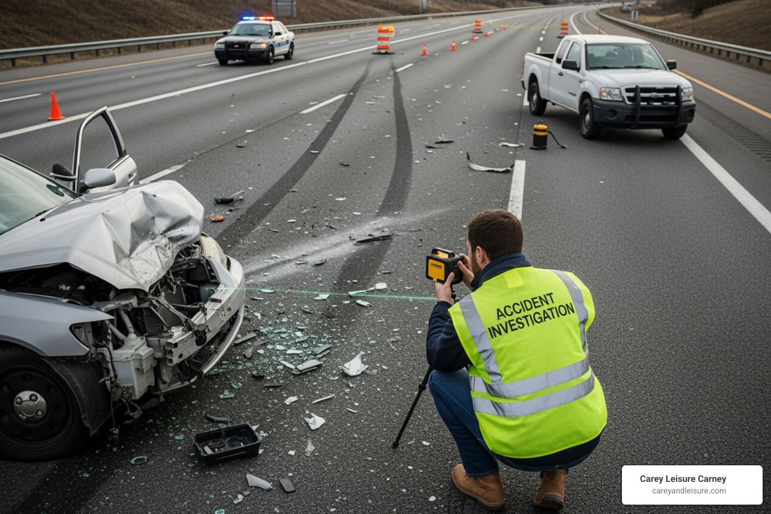 an accident reconstructionist examining a crash site - what does a truck accident lawyer do
