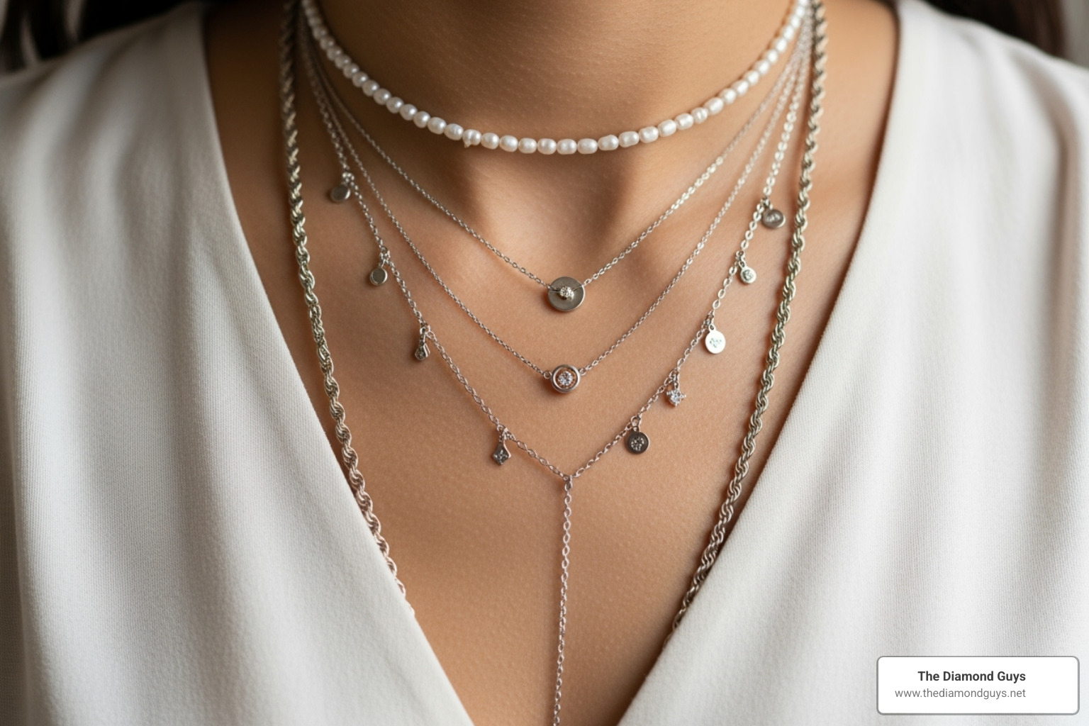 different necklace lengths on a person - diamonds in the yard necklace