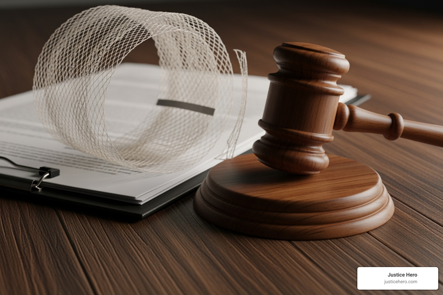 Gavel and medical device representing legal action - hernia mesh lawyer Irvine