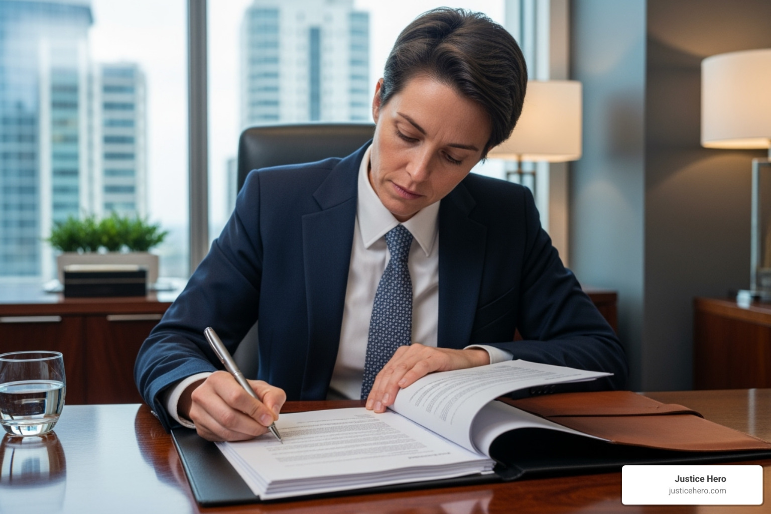 Person signing legal documents in an office setting - hernia mesh lawyer Irvine
