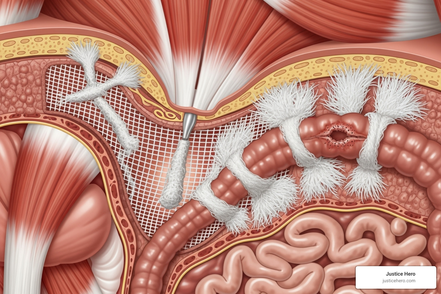 Illustration of common hernia mesh complications like adhesion or perforation - hernia mesh lawyer Irvine