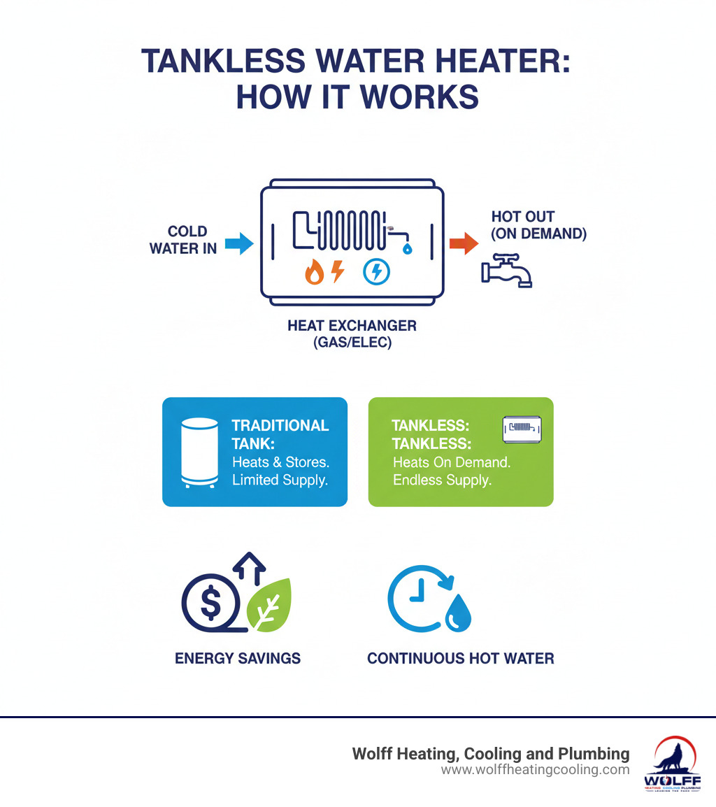 Infographic showing how a tankless water heater works: cold water enters the unit, flows through a heat exchanger powered by gas or electricity, and hot water exits on demand without storage, highlighting energy savings and continuous supply compared to a traditional tank system - tankless water heater albuquerque infographic 