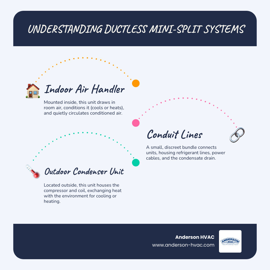 Infographic showing the anatomy of a ductless mini-split system: outdoor condenser unit connected via conduit lines to indoor air handler mounted on wall, with callouts showing refrigerant lines, power cable, drain line, and how the system transfers heat between indoor and outdoor units for both cooling and heating - high-end ductless ac service in farmington, ut infographic infographic-line-3-steps-blues-accent_colors