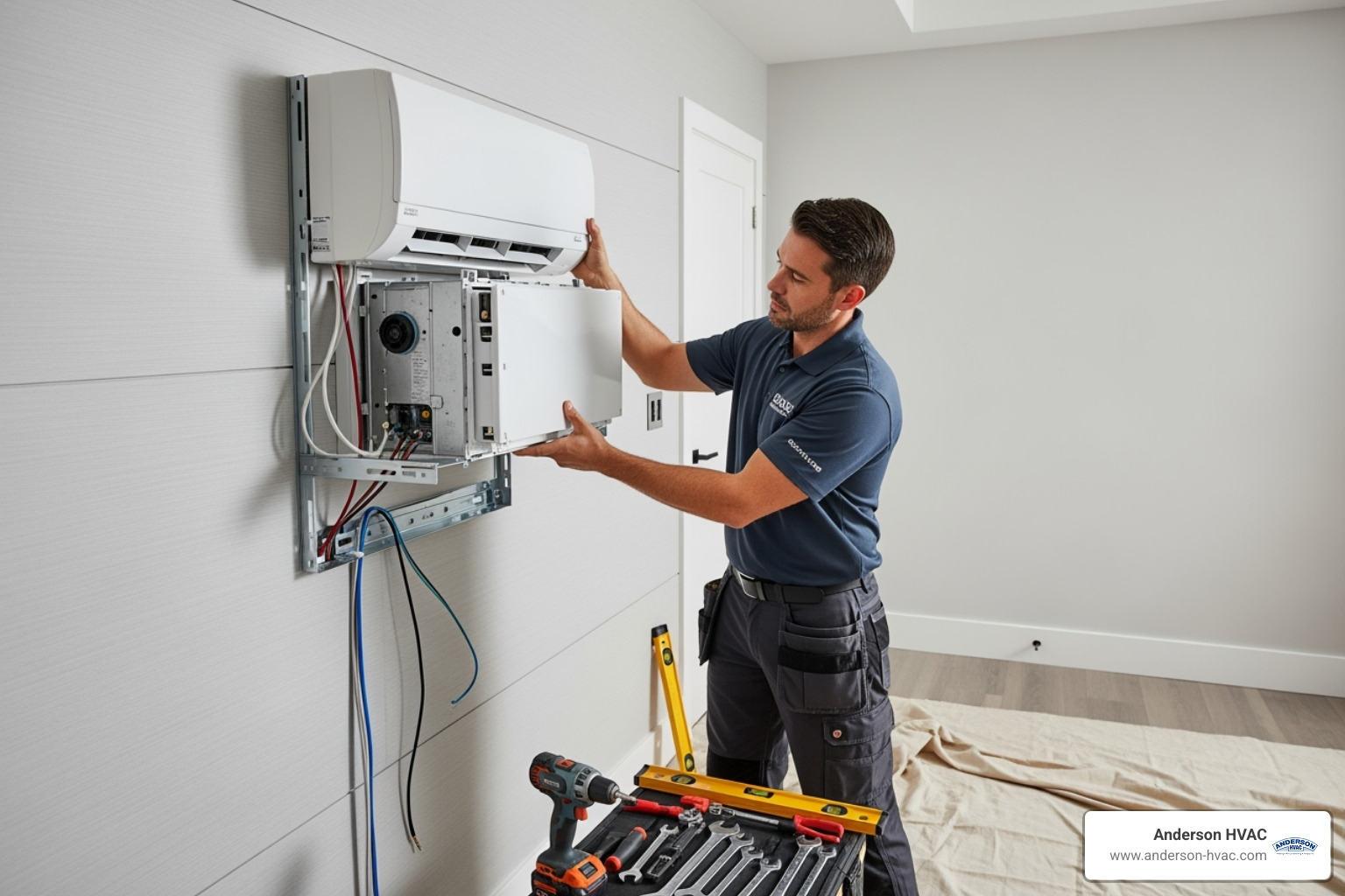 Professional technician carefully installing an indoor ductless unit - high-end ductless ac service in farmington, ut