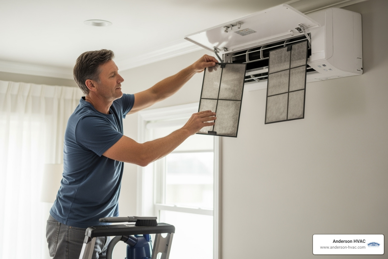 Homeowner safely cleaning the filter of an indoor ductless unit - ductless ac making noise in brigham city, ut